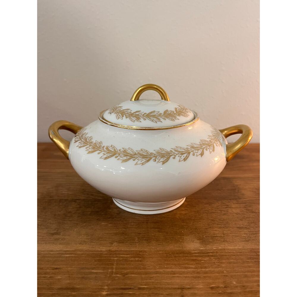 Vtg Limoges France G.D.&Cie Avenir Sugar Bowl French Country Gold Trim Porcelain